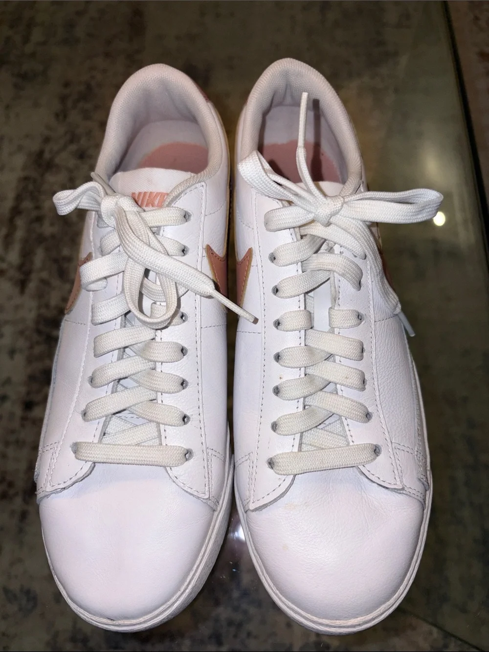 Nike Women's‎ White Leather Sneaker with Blush Swoosh 8